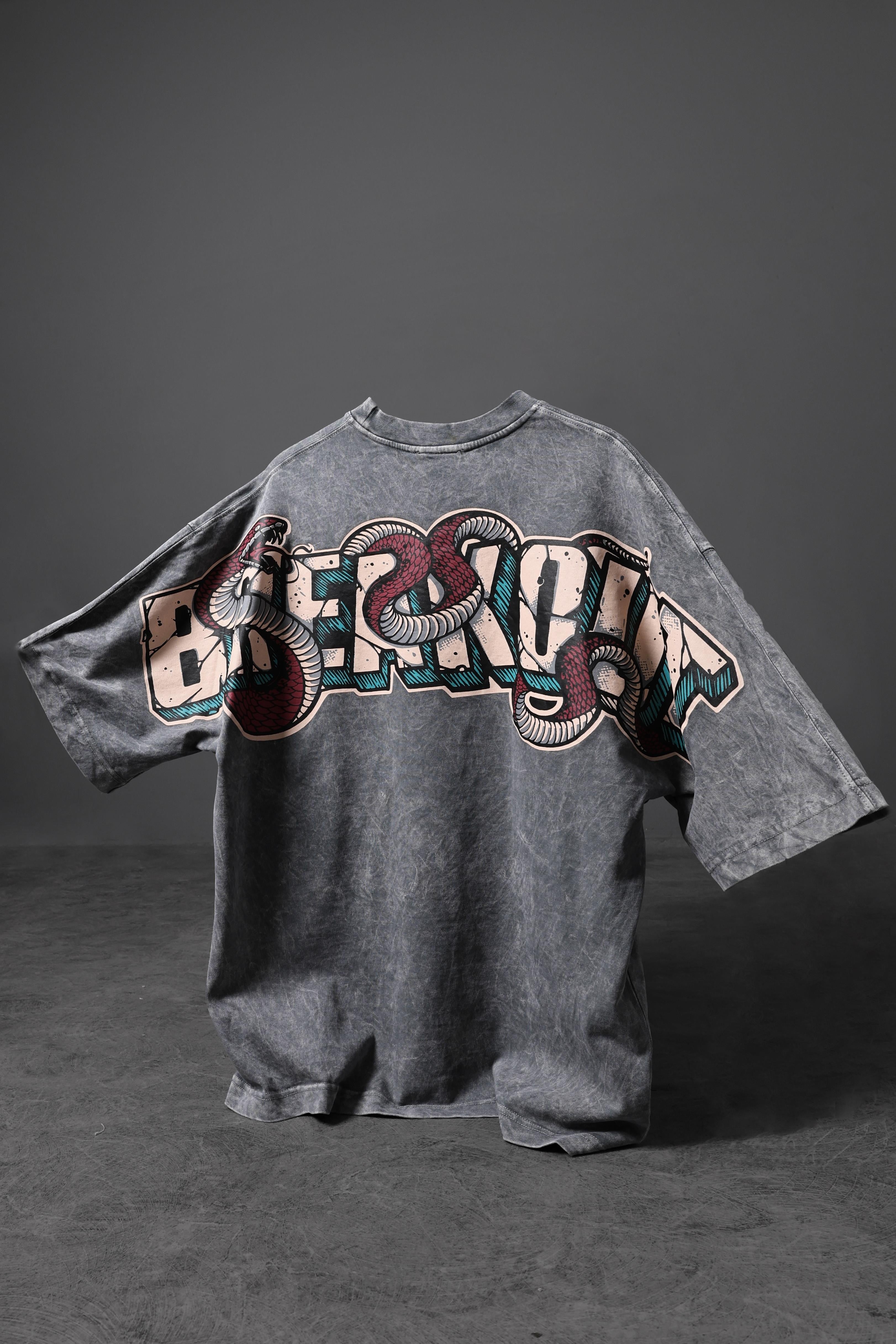 Men's Grey Snake Print Special Washed Fabric Oversize T-shirt