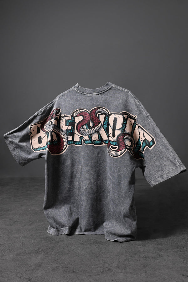 Men's Grey Snake Print Special Washed Fabric Oversize T-shirt