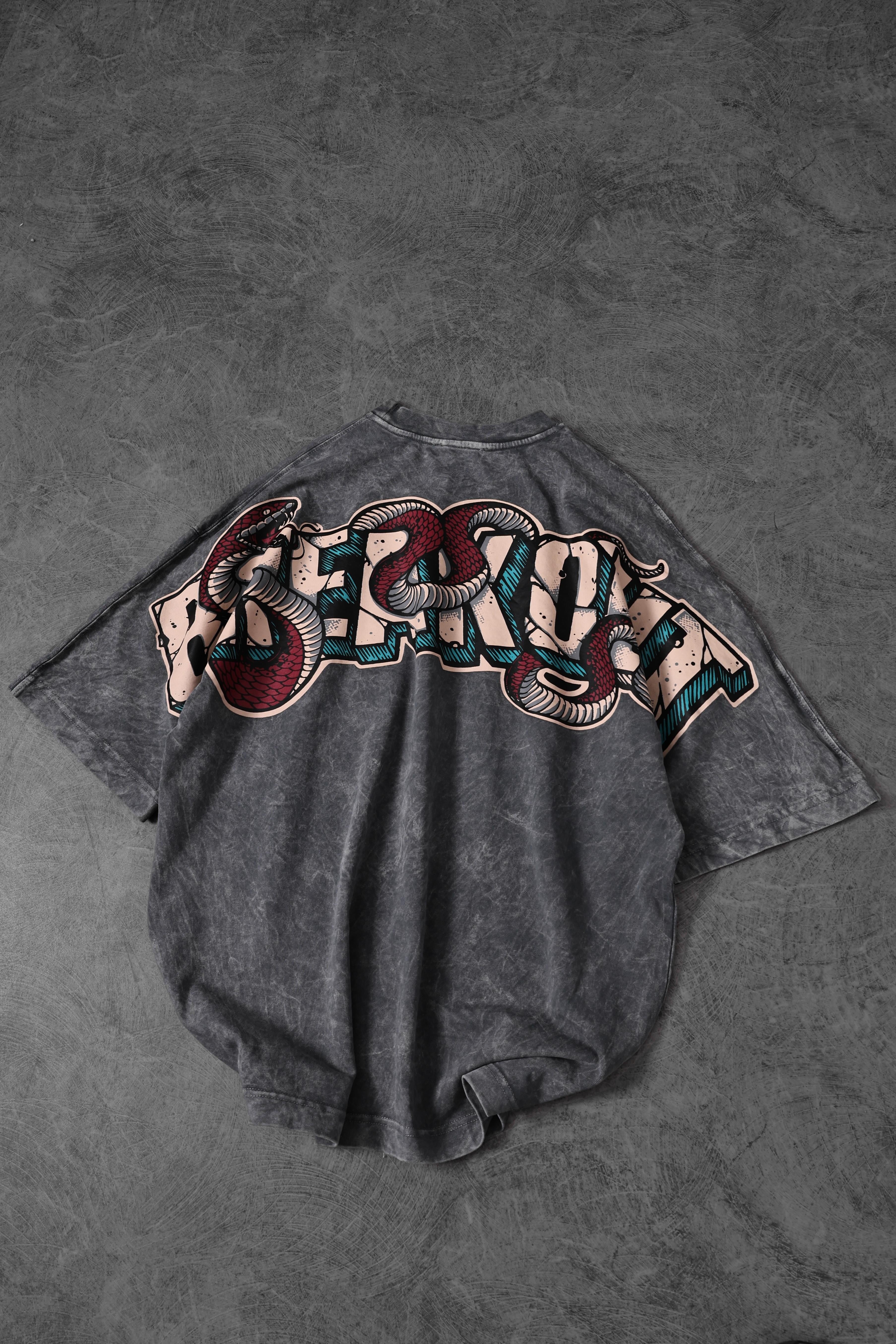 Men's Grey Snake Print Special Washed Fabric Oversize T-shirt